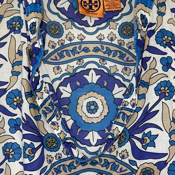 Tory Burch Stephanie Blue Alhambra Cotton Sequin Embellished Tunic Top Size 8 - Picture 2 of 16